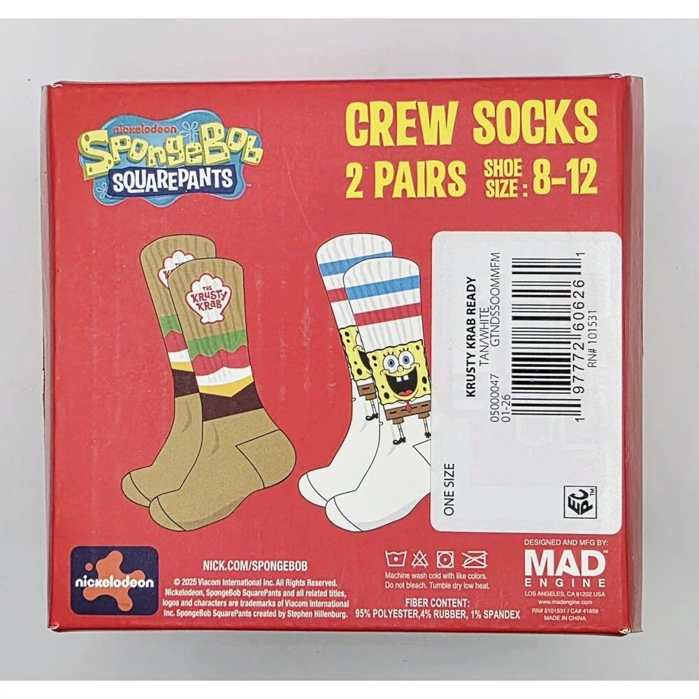SpongeBob Krusty Krab Crew Socks 2 Pair Set Size 8-12 Nickelodeon Gift Box NEW